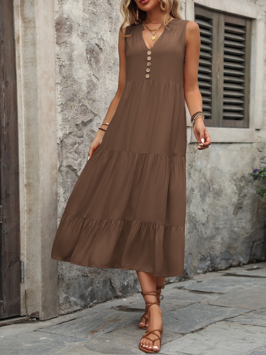 Decorative Button Notched Sleeveless Dress - store name